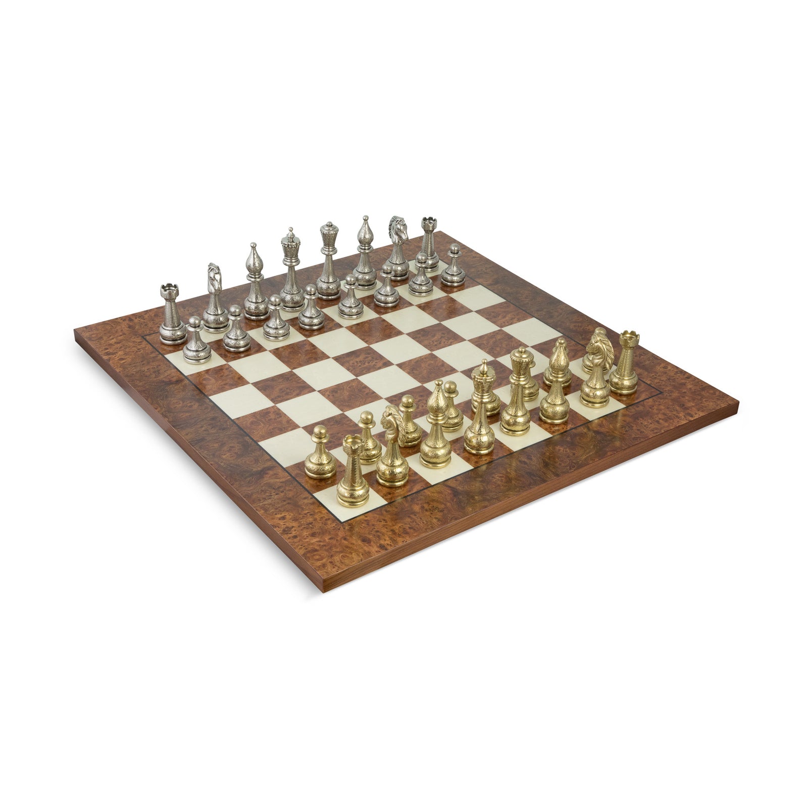 Large Contemporary Staunton Solid Brass & Wood Chess Set with Blue Ash Burl  Board - The Chess Store